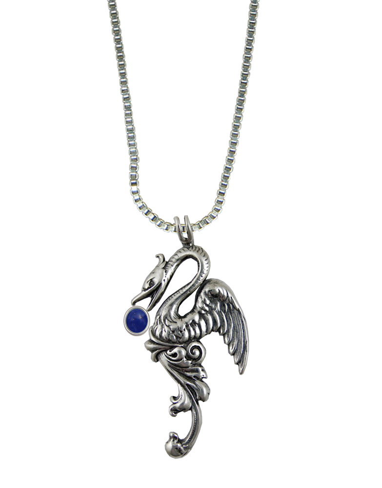 Sterling Silver Medieval Phoenix Sun Bird Pendant With Lapis Lazuli